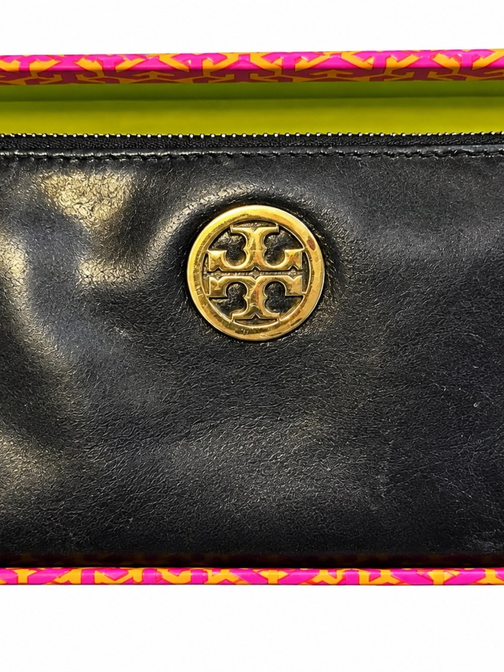 Tory Burch Black Zippy Leather Wallet with Gold Logo
